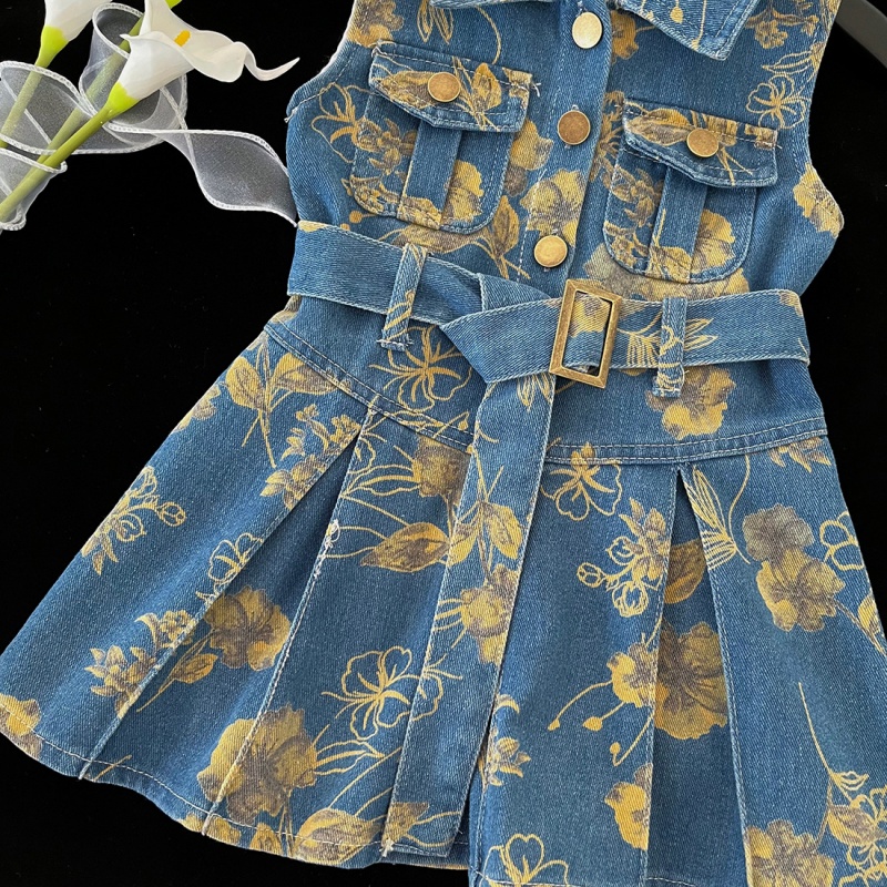 Baby Toddler Girl Vest Denim Floral Print Dress