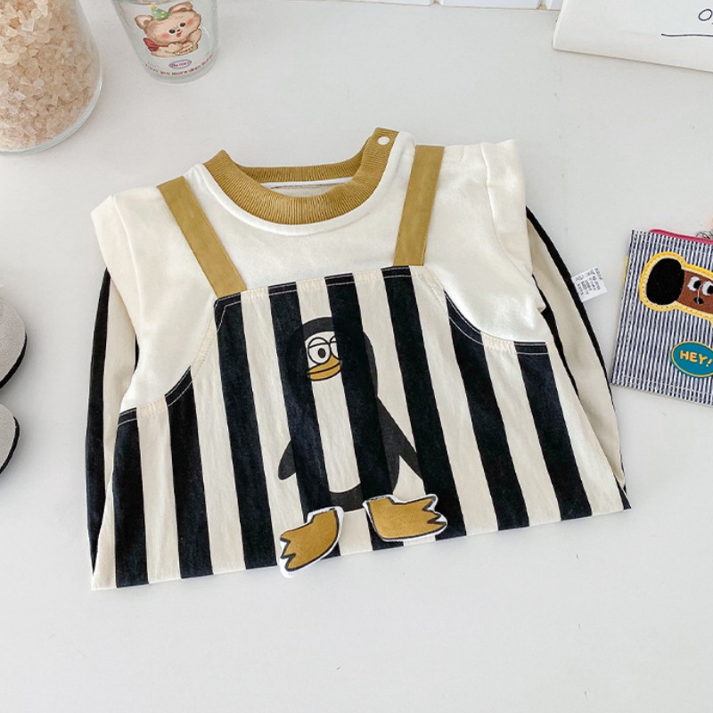 Baby Penguin Print Striped Patchwork Romper