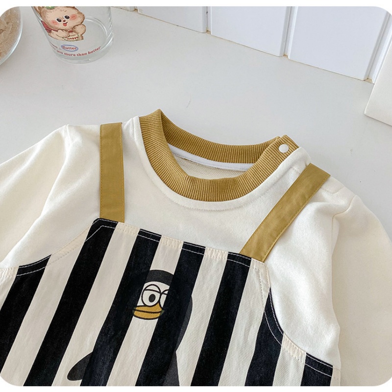 Baby Penguin Print Striped Patchwork Romper