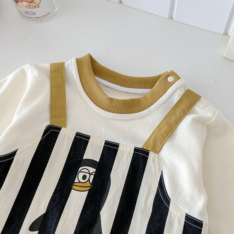 Baby Penguin Print Striped Patchwork Romper