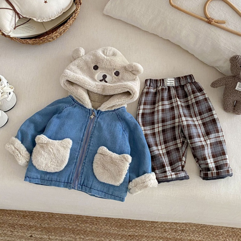 Baby Toddler Bear-Print Patchwork Denim Outerwear