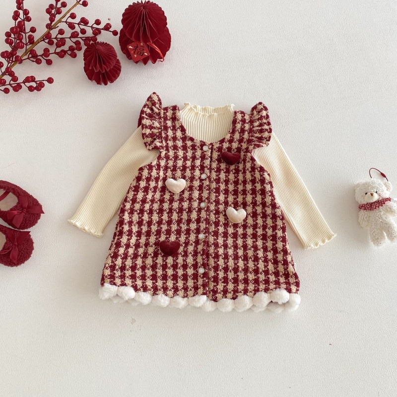 Baby Kids' Girls Christmas Checkered Bird Vest Dress