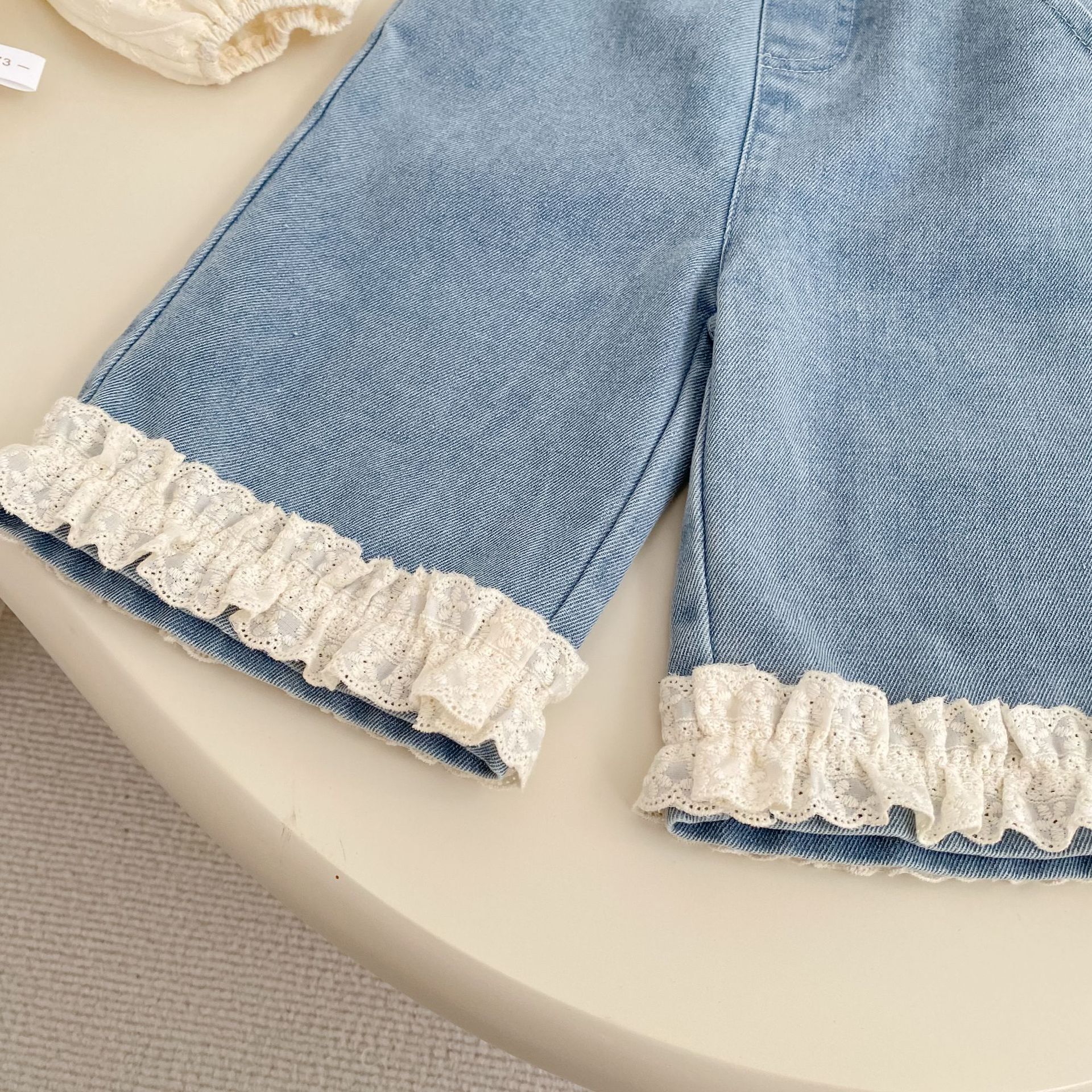 Baby Toddler Girl Solid Color White Lace Top/Blue Denim Pants