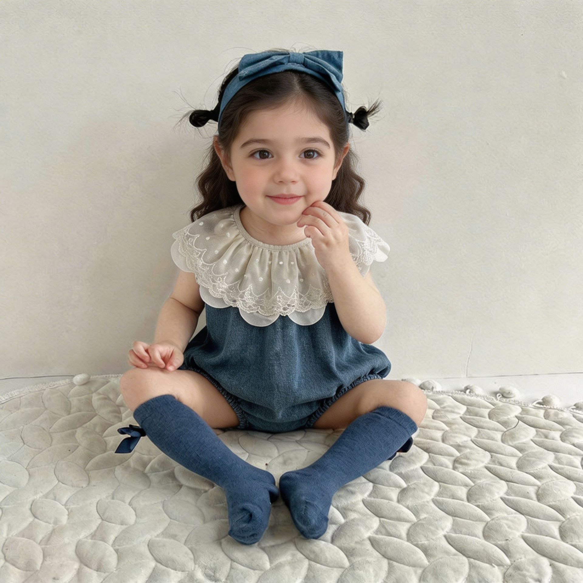 Lace-trimmed Ruffled Collar Sleeveless Denim Romper