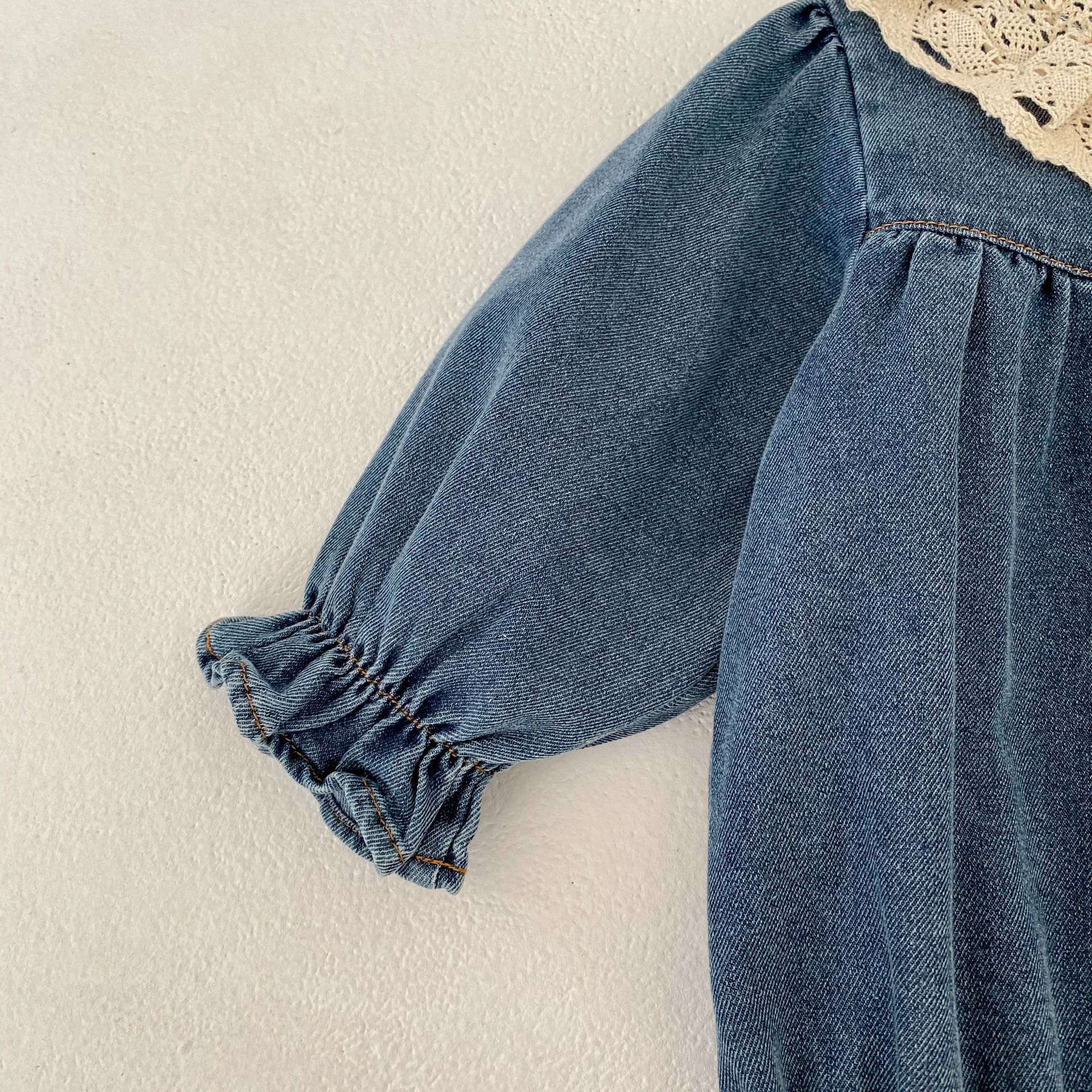 Lace-trimmed Peter Pan Collar Denim Romper