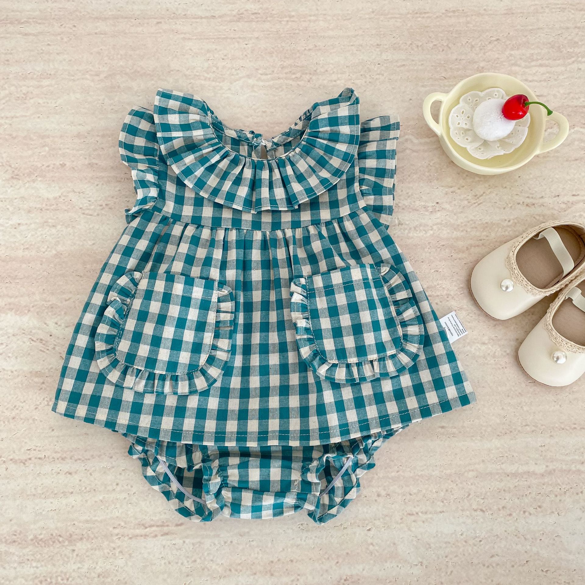 Baby Plaid Ruffle Bollar Top and Shorts Set