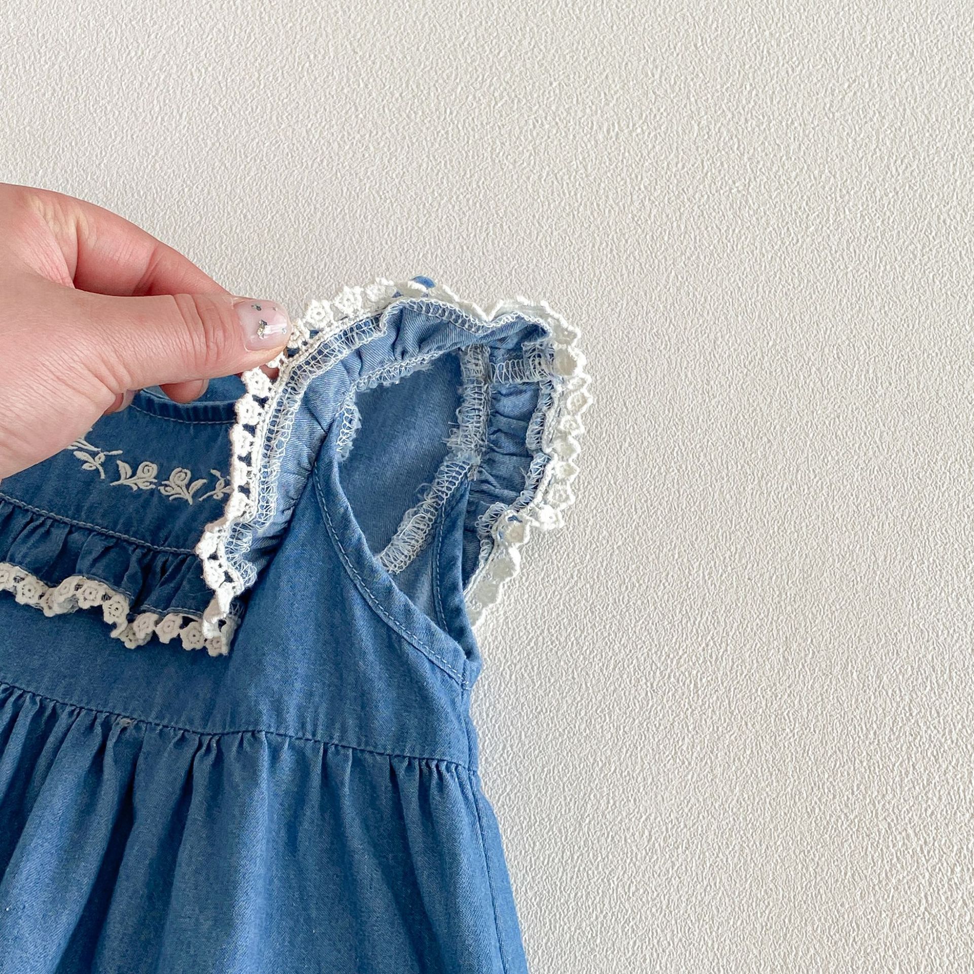 Baby Toddler Flower Lace Sleeves Denim Dress