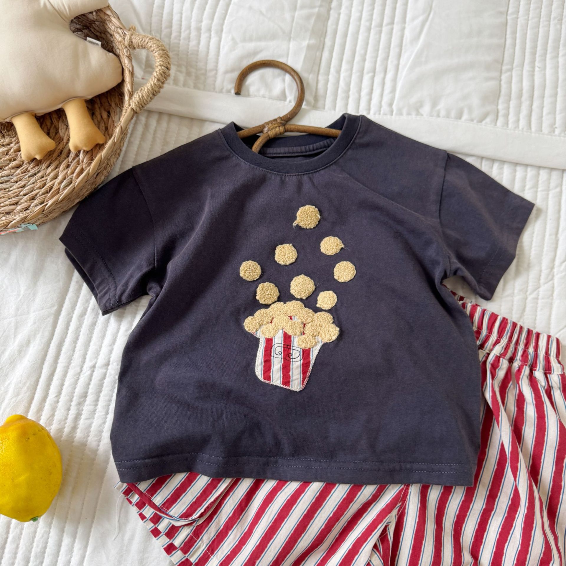 Kids Popcorn Pattern Top and Stripe Short Pants Set