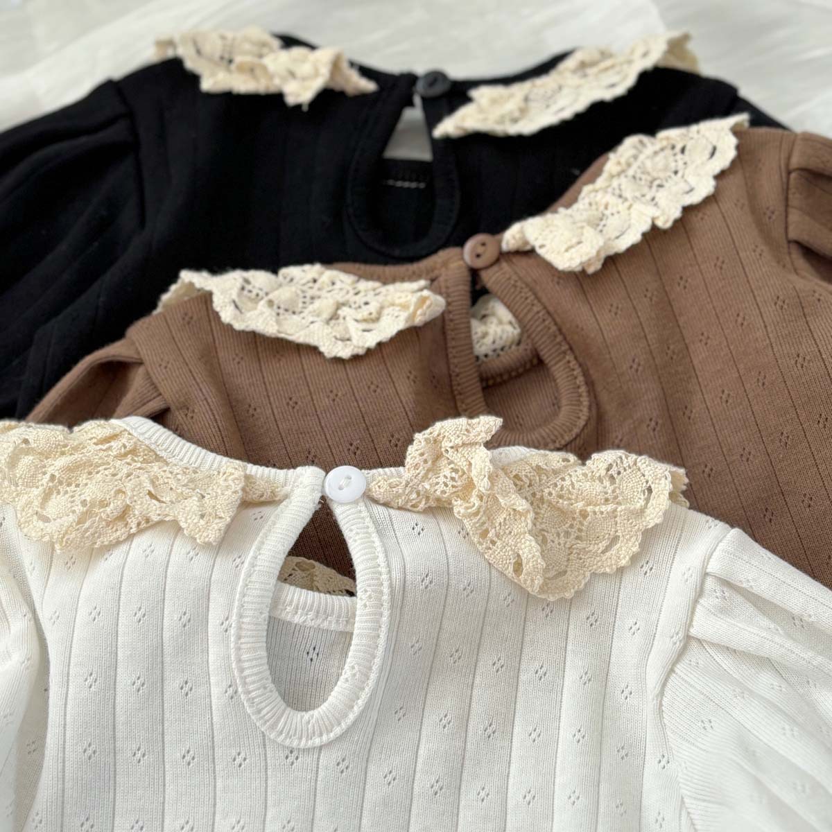 Baby Cut-Out Lace Round Neck Stripe Onesie