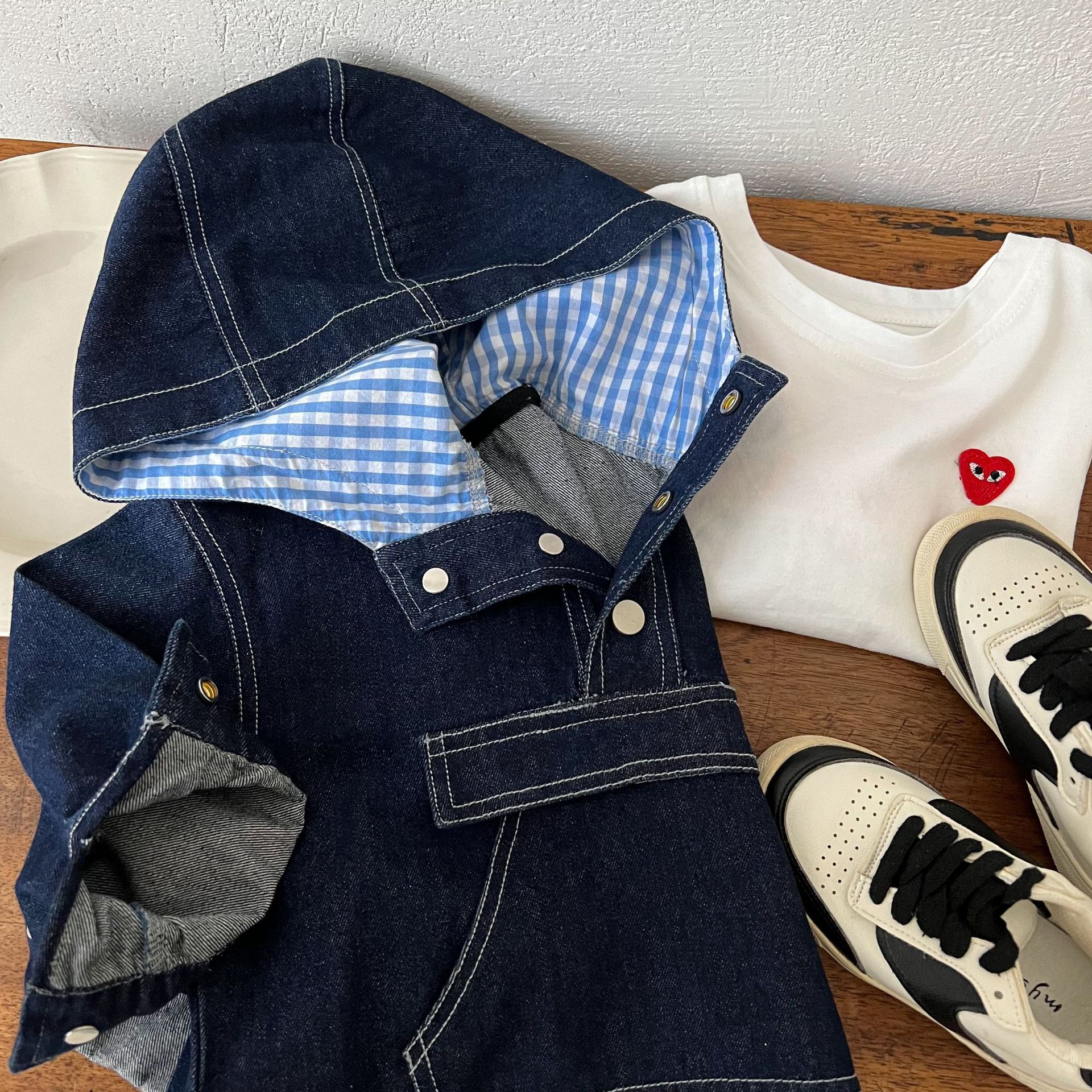 Kids Checkered Lining Denim Outerwear