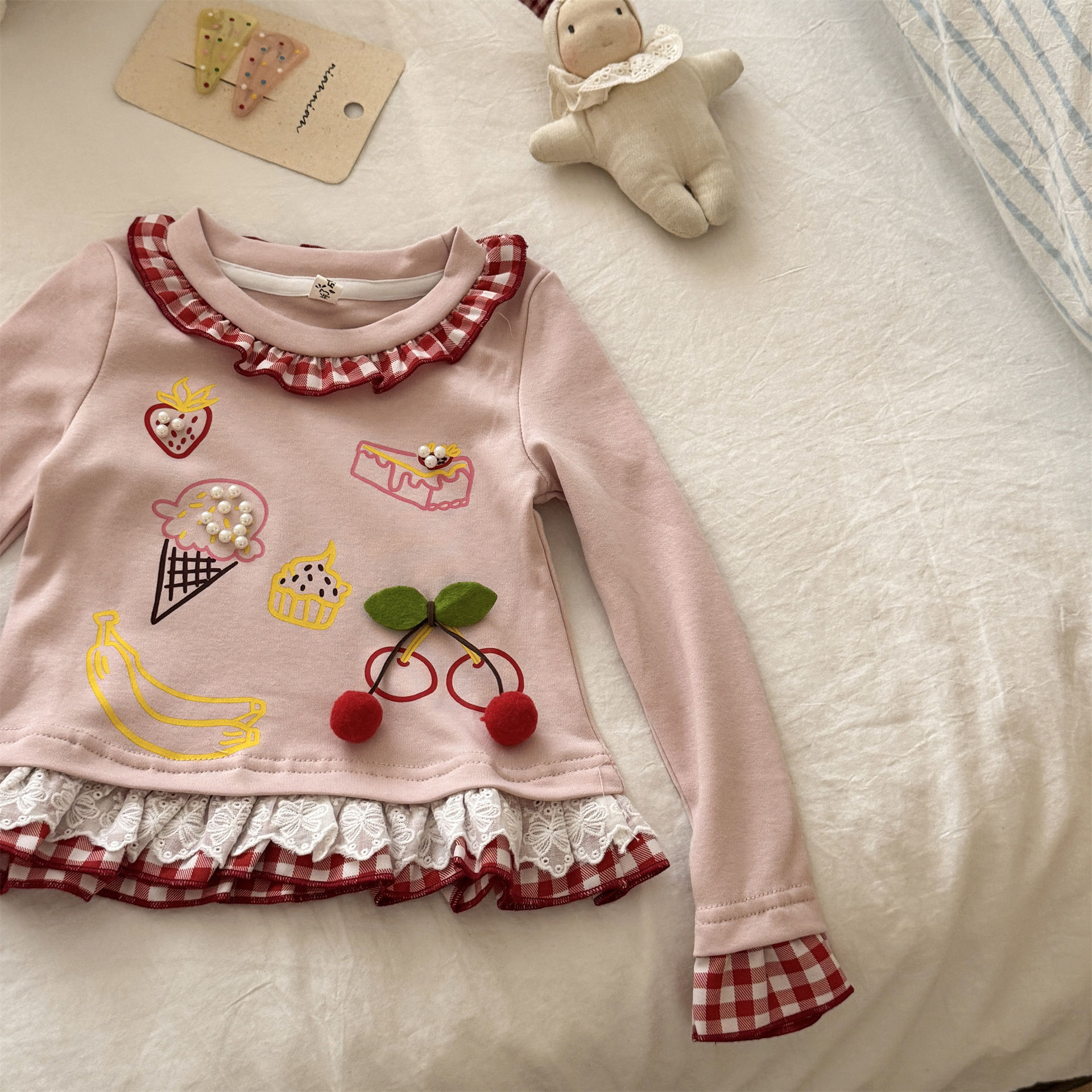 Kids Checkered Lace Trim Food T-shirt