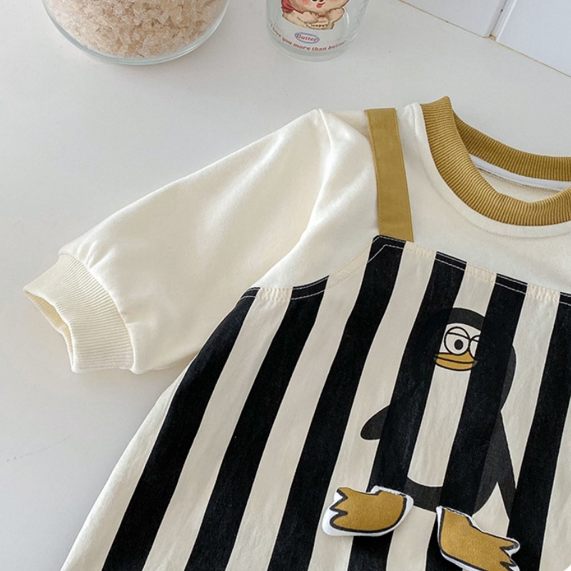 Baby Penguin Print Striped Patchwork Romper