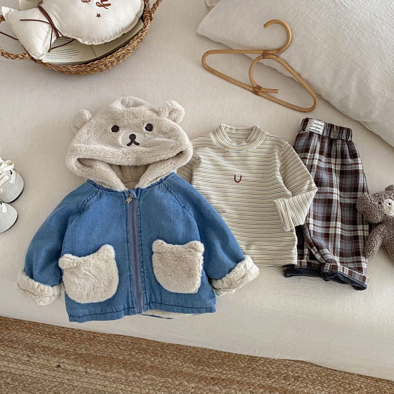 Baby Toddler Bear-Print Patchwork Denim Outerwear