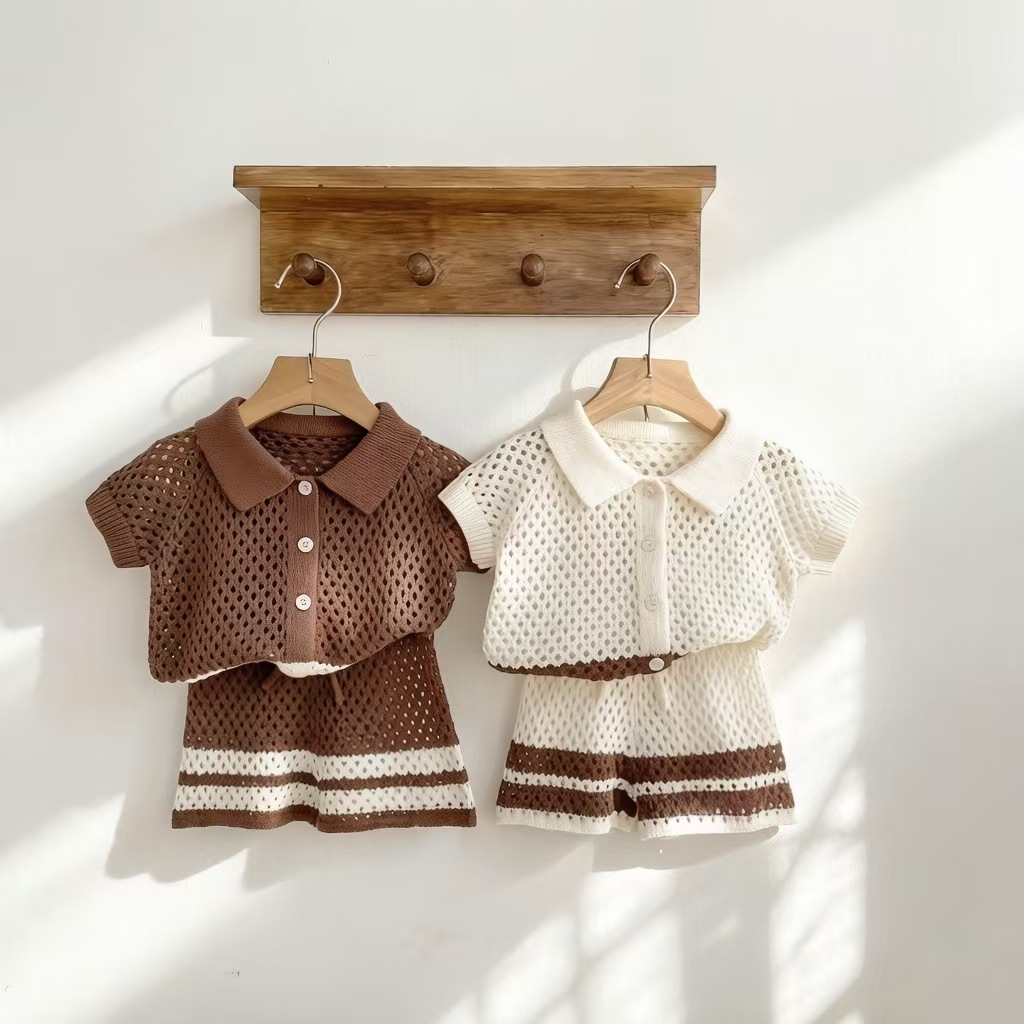 2-Piece Knit Color-Blocked Openwork Shorts Set