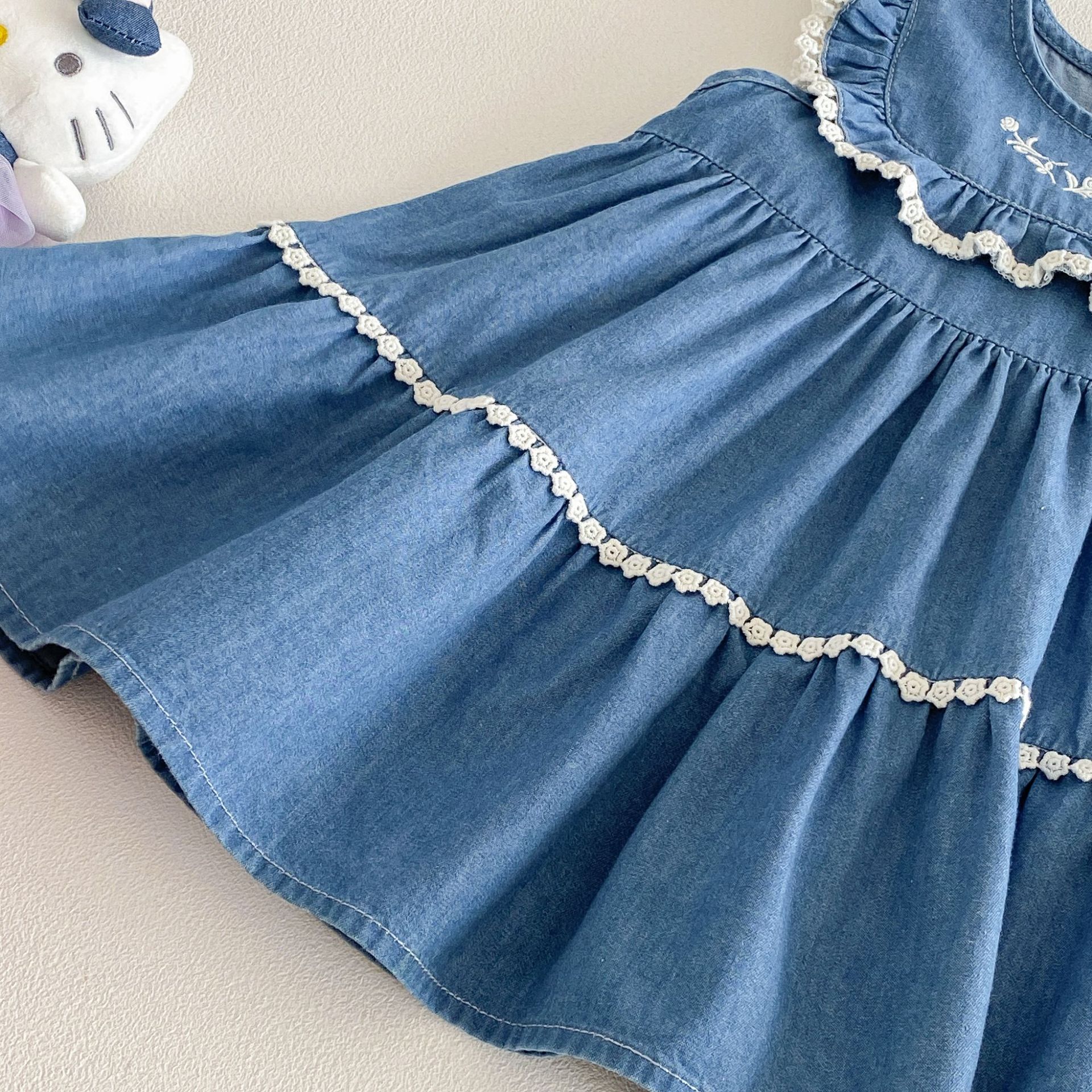 Baby Toddler Flower Lace Sleeves Denim Dress