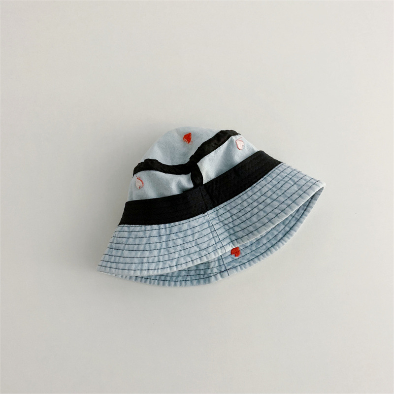 Baby Heart Embroidery Flat-Top Denim Bucket Hat