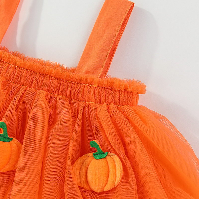 Kids Halloween Pumpkin Mesh Camisole Dress