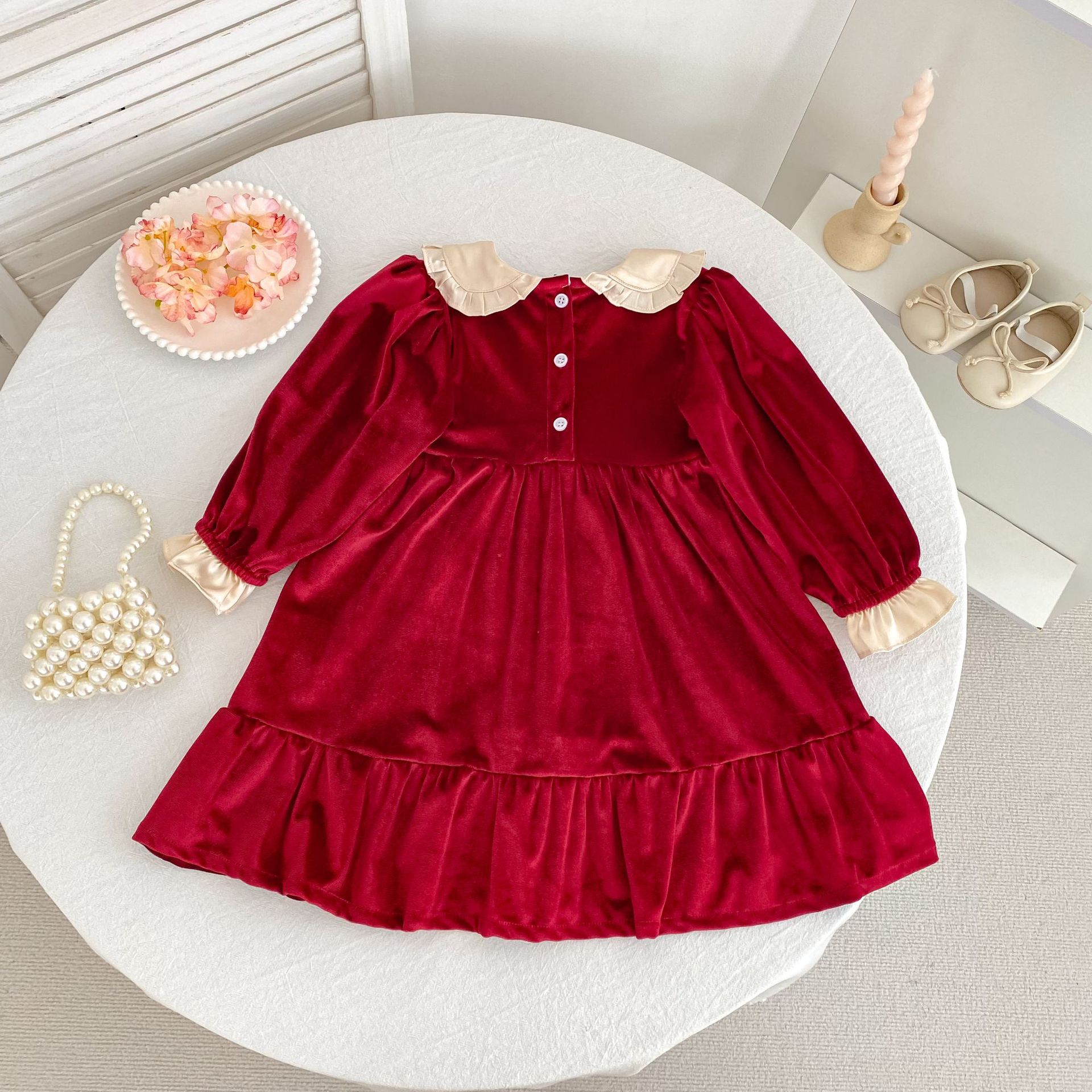 Kids Christmas Bow Collar Velvet Dress