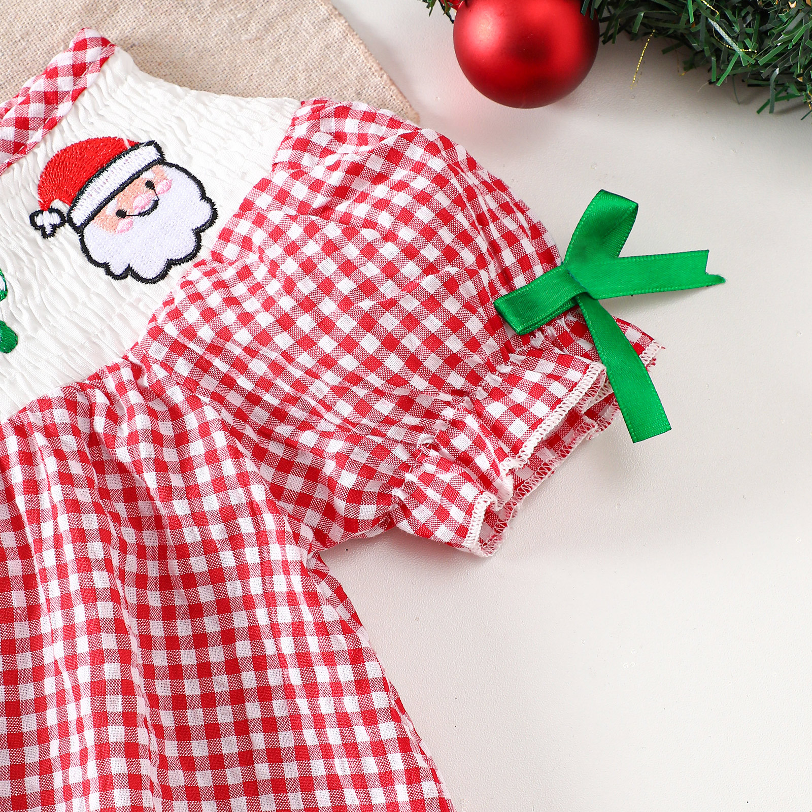 Baby Toddler Santa Claus Puff Sleeves Checkered Dress