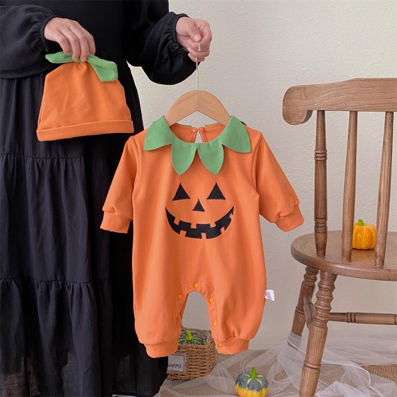 Baby Halloween Pumpkin Print Romper （Includes hat）