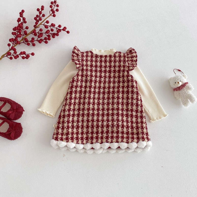 Baby Kids' Girls Christmas Checkered Bird Vest Dress