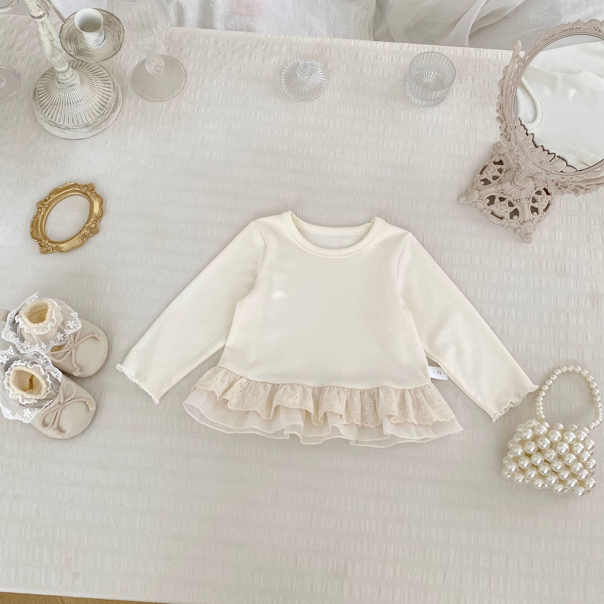 Baby Toddler Girl Solid Color White Lace Top/Blue Denim Pants