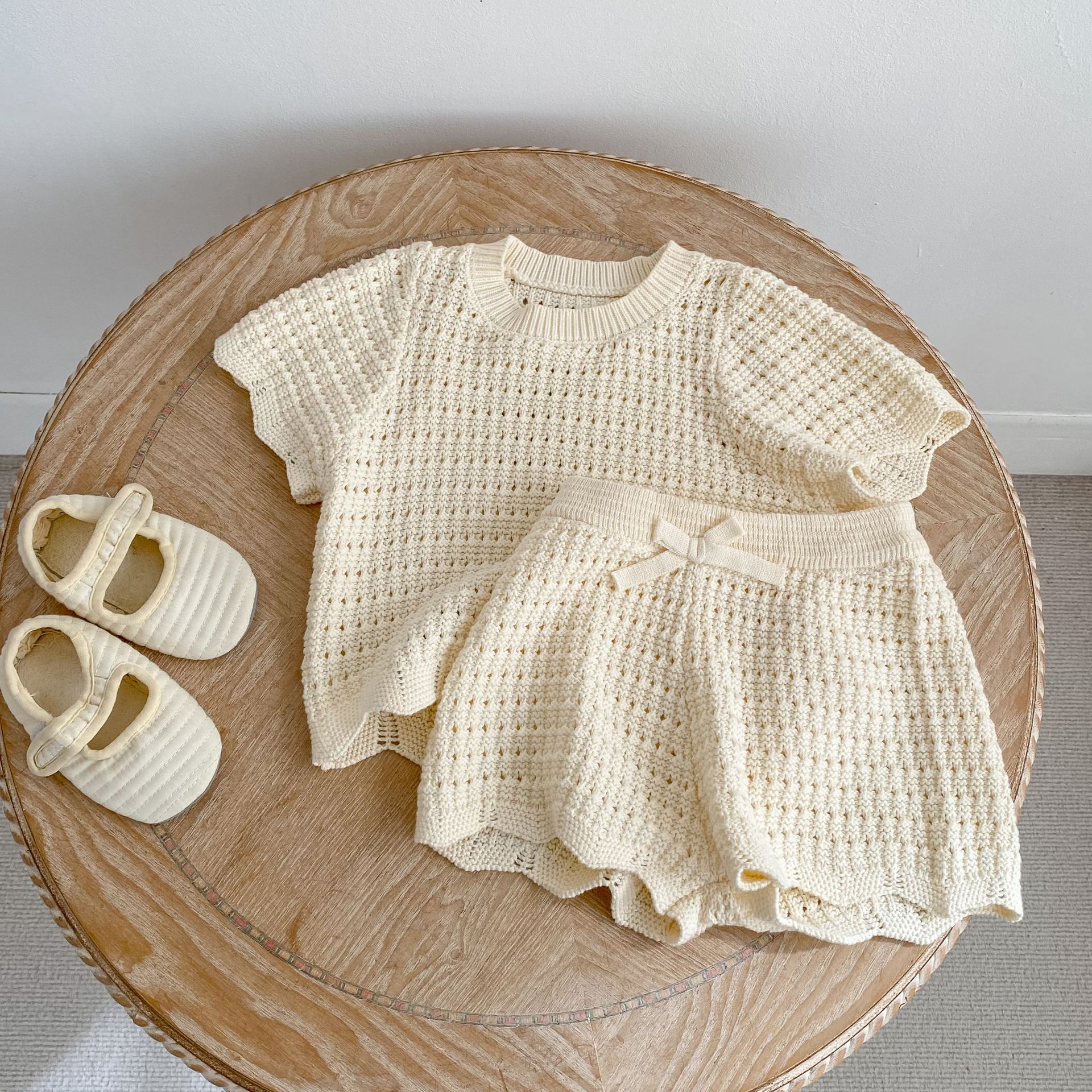 Knitted Bow Tie Short-sleeved Short Pants Set