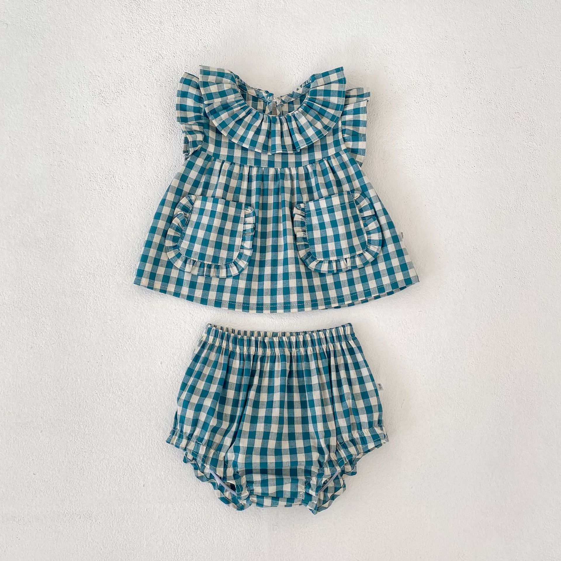 Baby Plaid Ruffle Bollar Top and Shorts Set