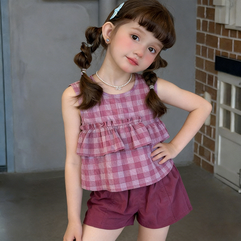 Kid Girls Plaid Sleeveless Vest and Shorts 2-piece Set