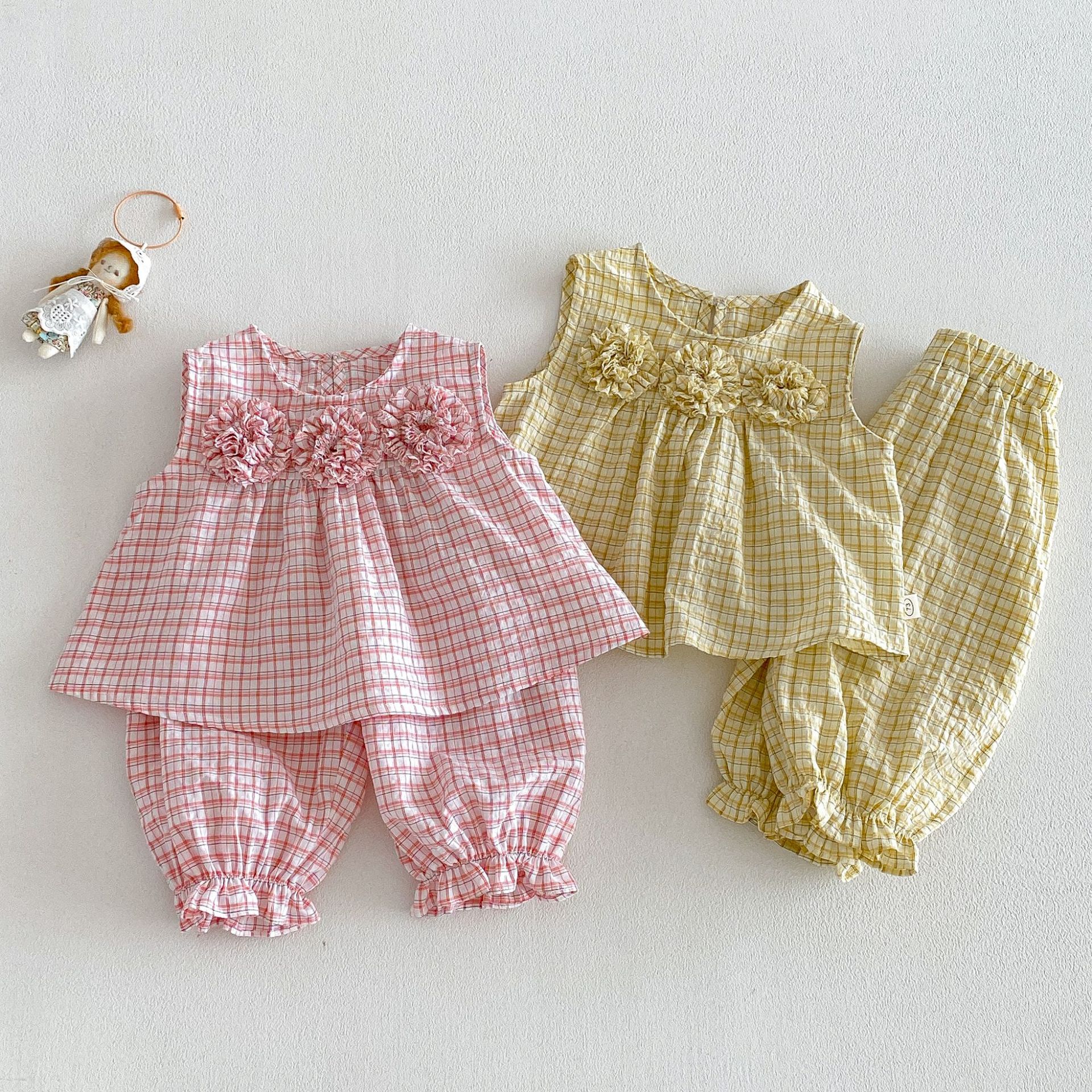 Baby & Kids Girls Flowers Plaid 2-piece Denim Set