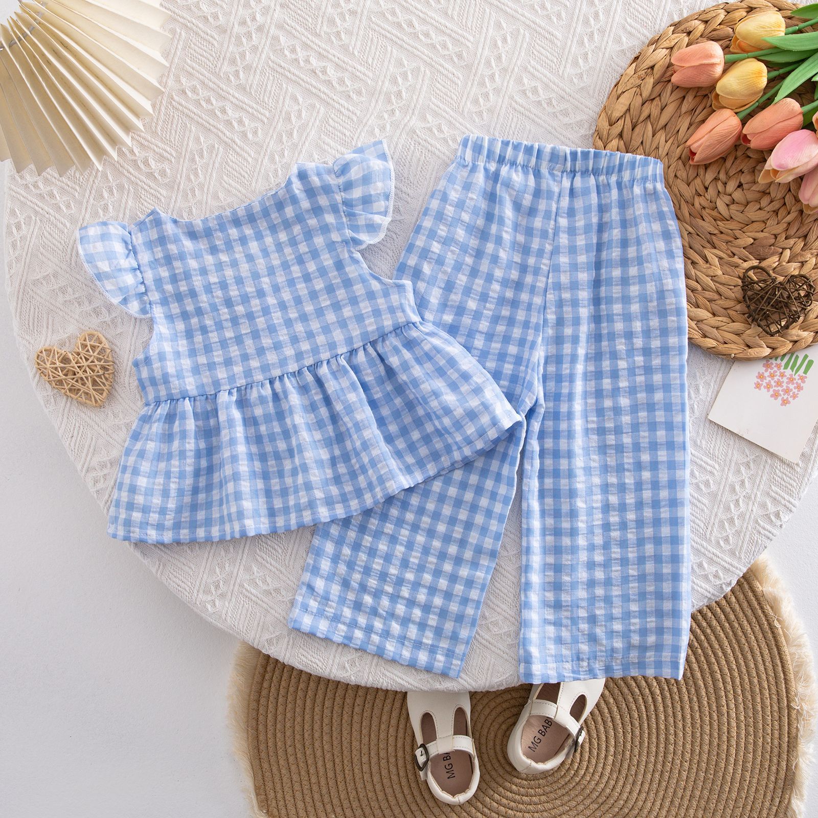 Baby Toddler Plaid Flying Sleeves Top and Pants Sets