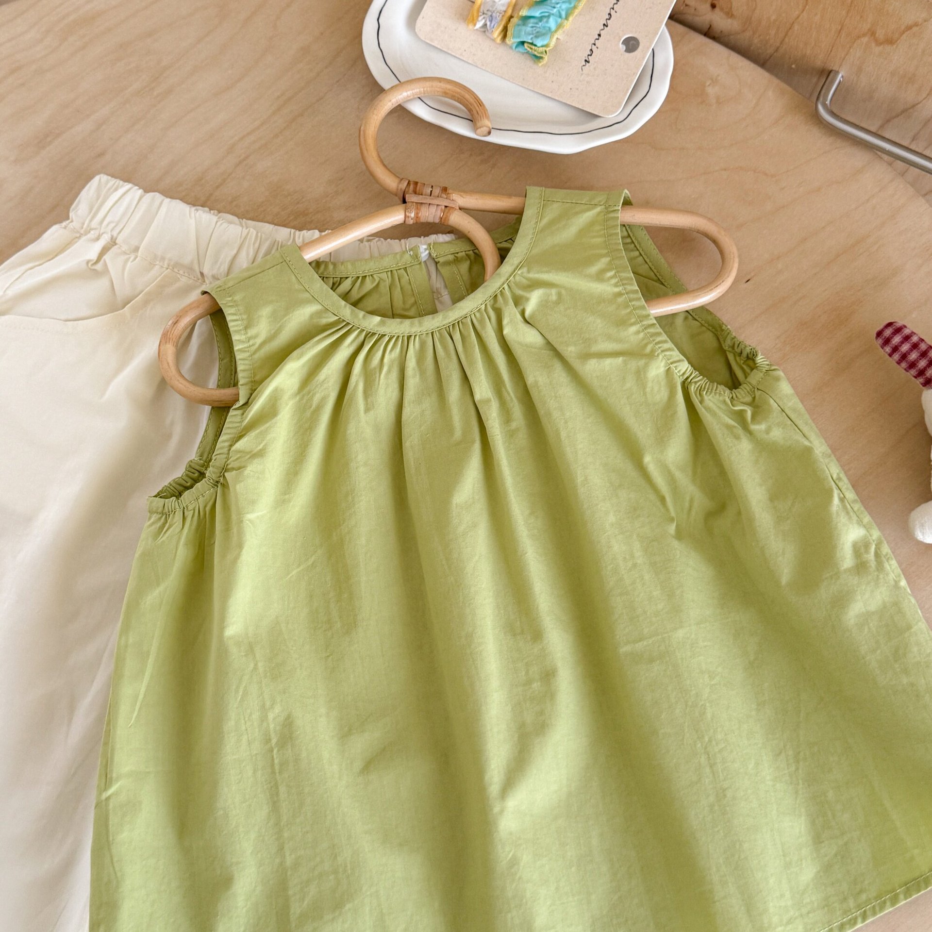 Kids Green Vest Top and Embroidered Flower Pants Set