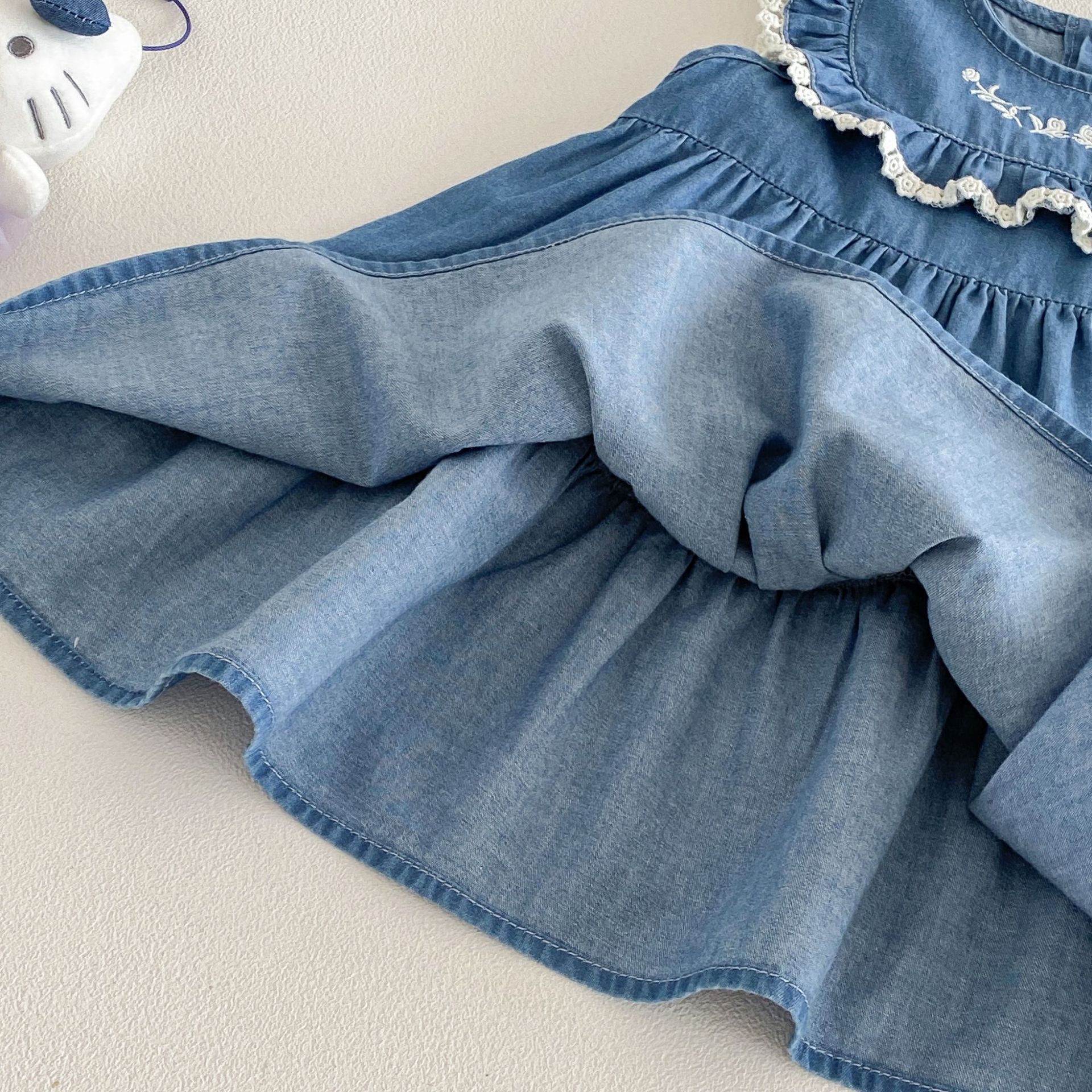 Baby Toddler Flower Lace Sleeves Denim Dress