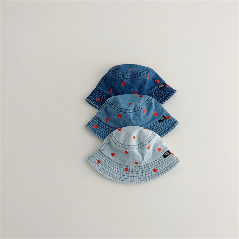 Baby Heart Embroidery Flat-Top Denim Bucket Hat