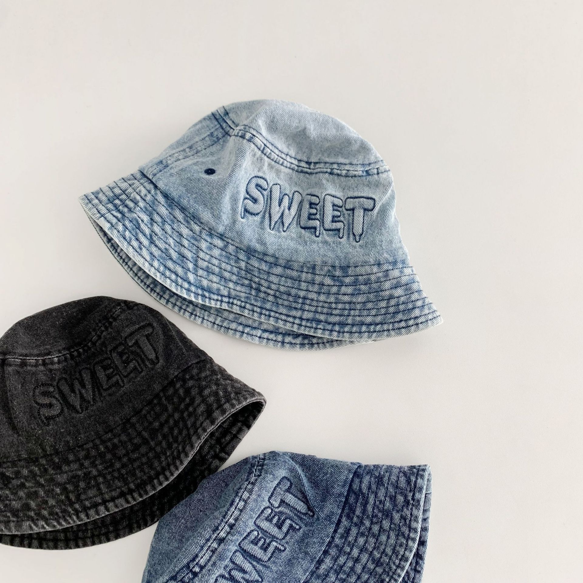 Kids Sweet Embroidery Washed Denim Bucket Hat
