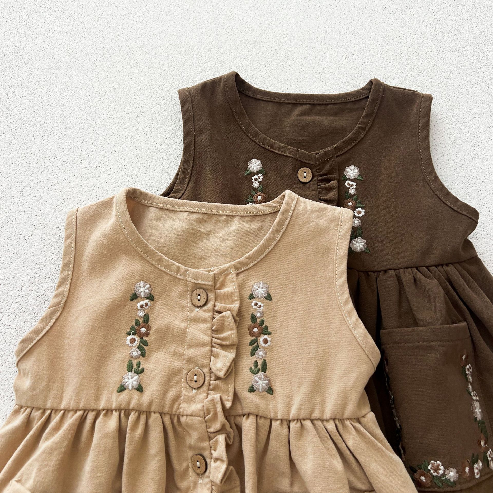 Kids Floral Embroidery Puff Sleeves Top and Vest Dress 2-Piece Set