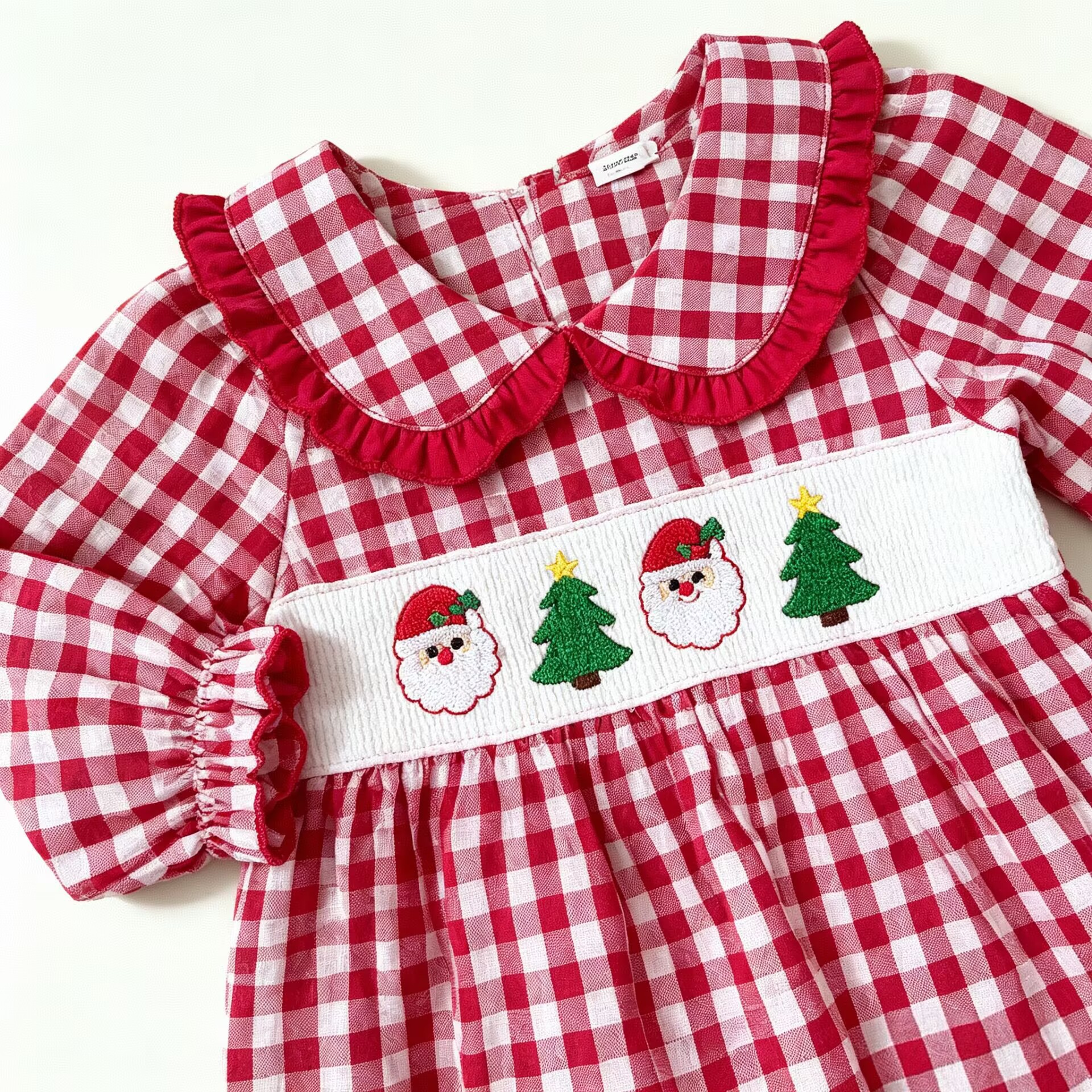 Kids Christmas Checkered Embroidery Lace Bow 2-Piece Set