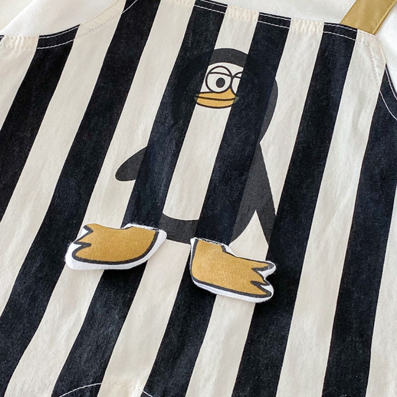Baby Penguin Print Striped Patchwork Romper