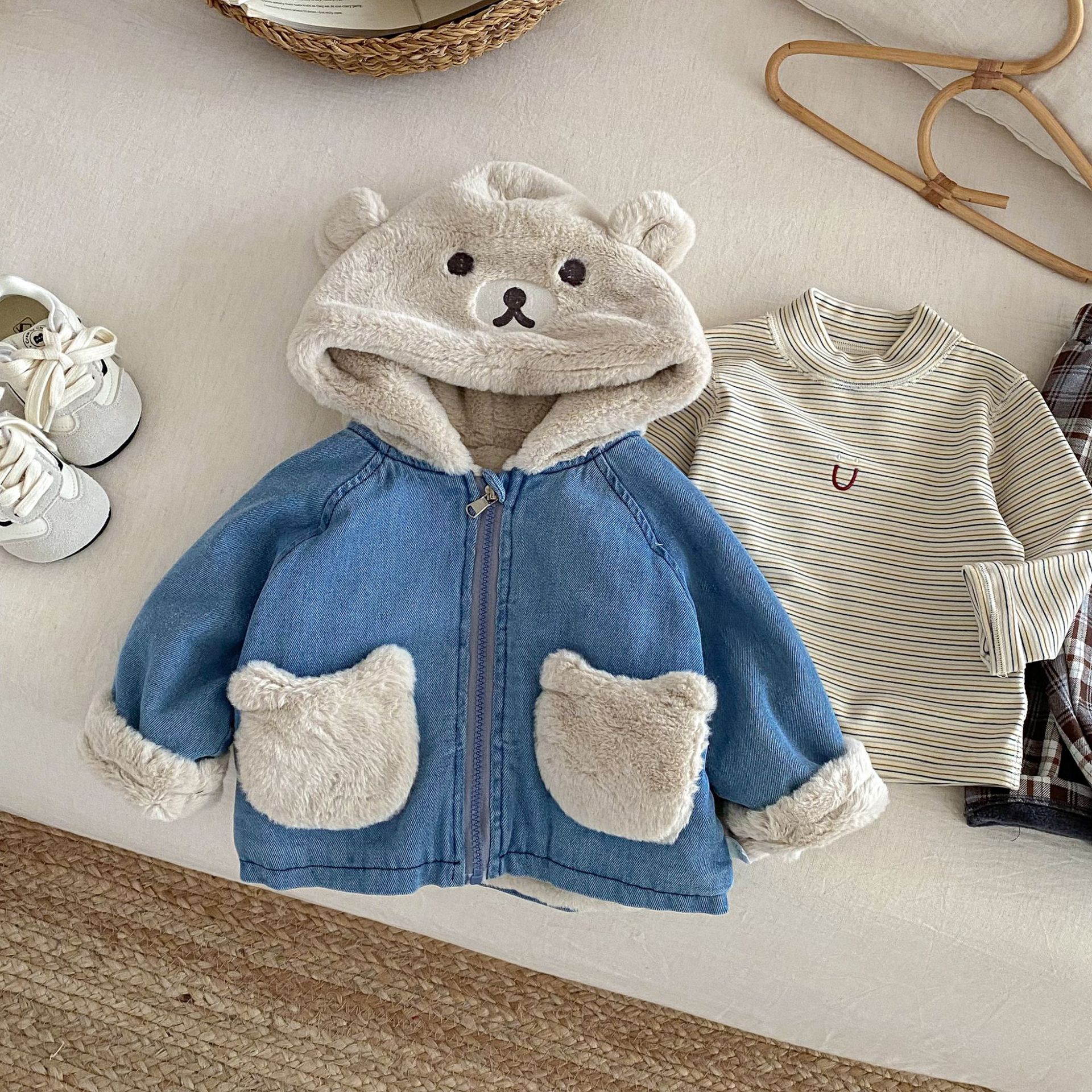 Baby Toddler Bear-Print Patchwork Denim Outerwear