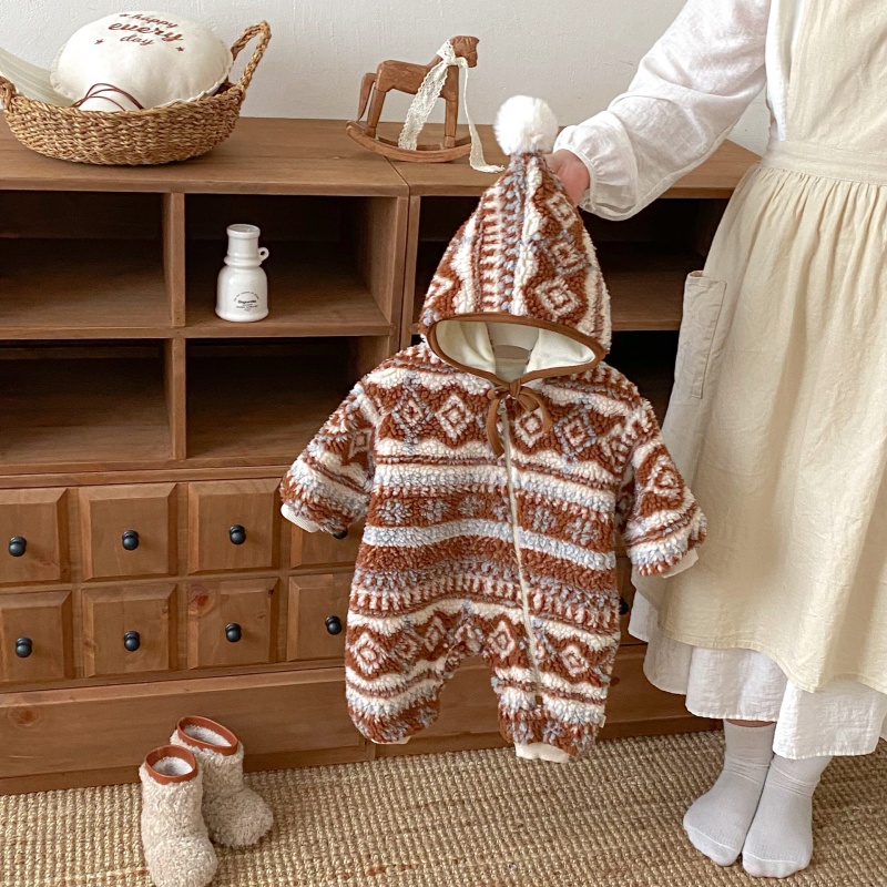 Baby Fleece Print Romper Set (Includes Hat)