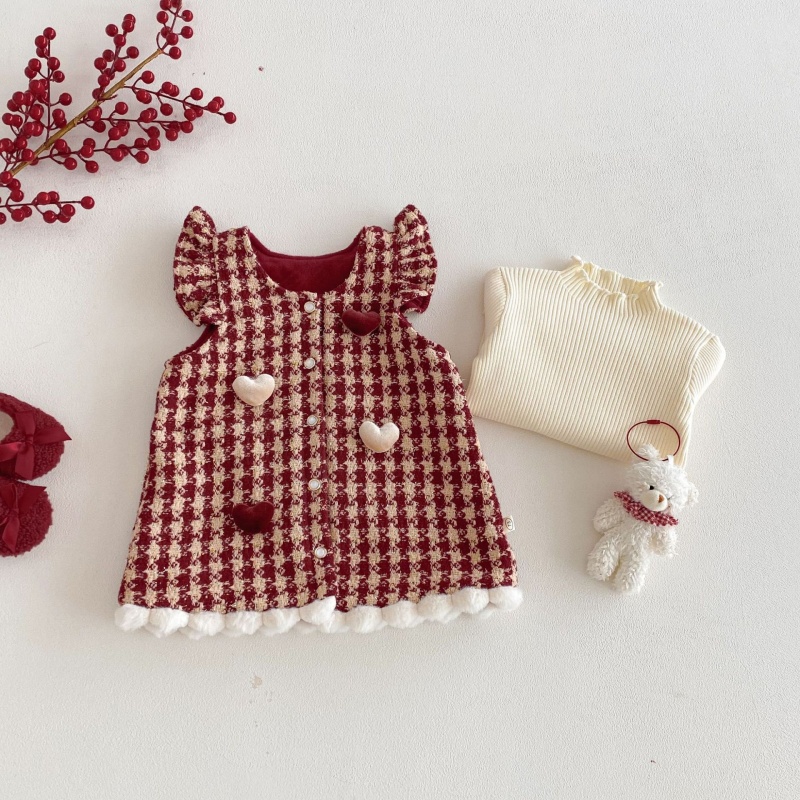 Baby Kids' Girls Christmas Checkered Bird Vest Dress