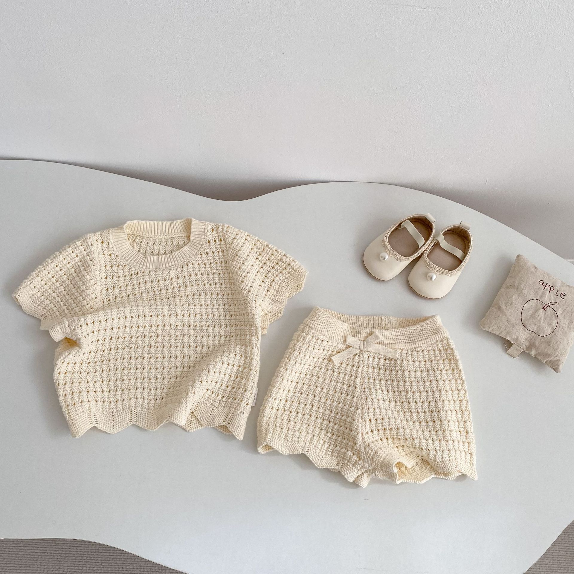 Knitted Bow Tie Short-sleeved Short Pants Set