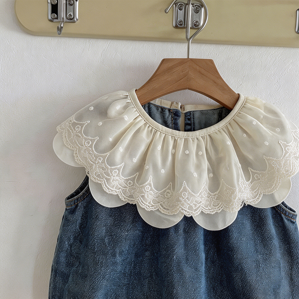 Lace-trimmed Ruffled Collar Sleeveless Denim Romper