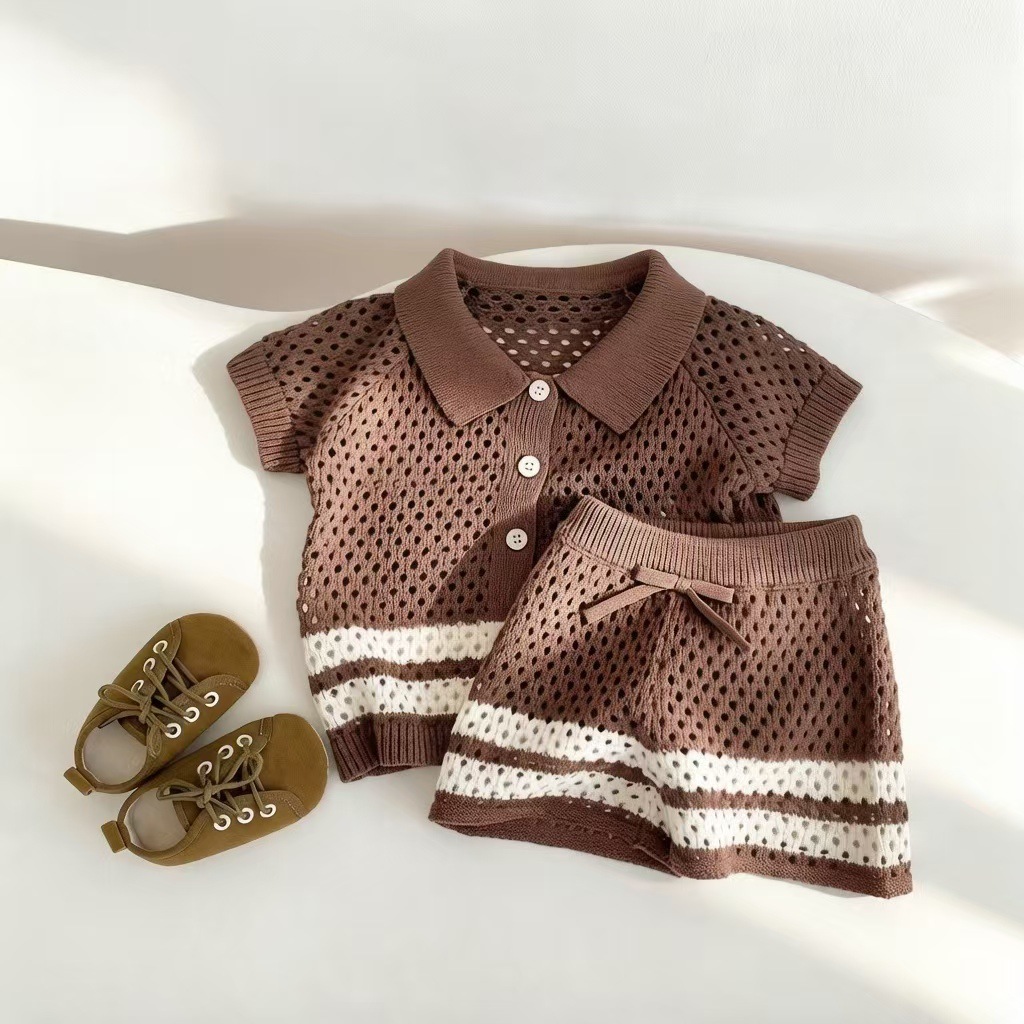2-Piece Knit Color-Blocked Openwork Shorts Set
