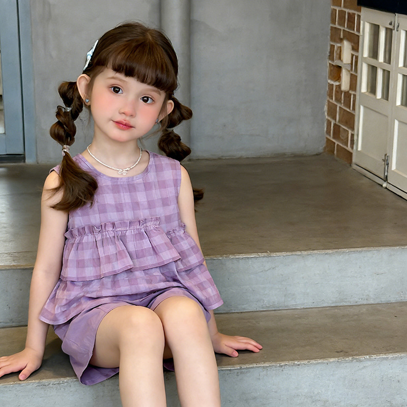 Kid Girls Plaid Sleeveless Vest and Shorts 2-piece Set