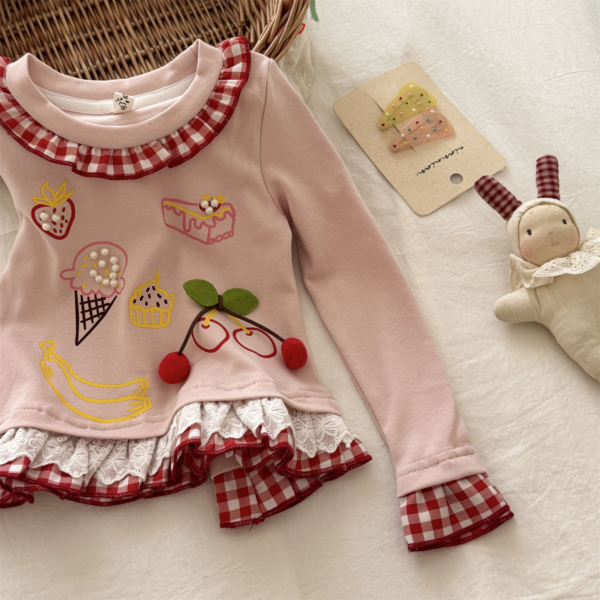 Kids Checkered Lace Trim Food T-shirt