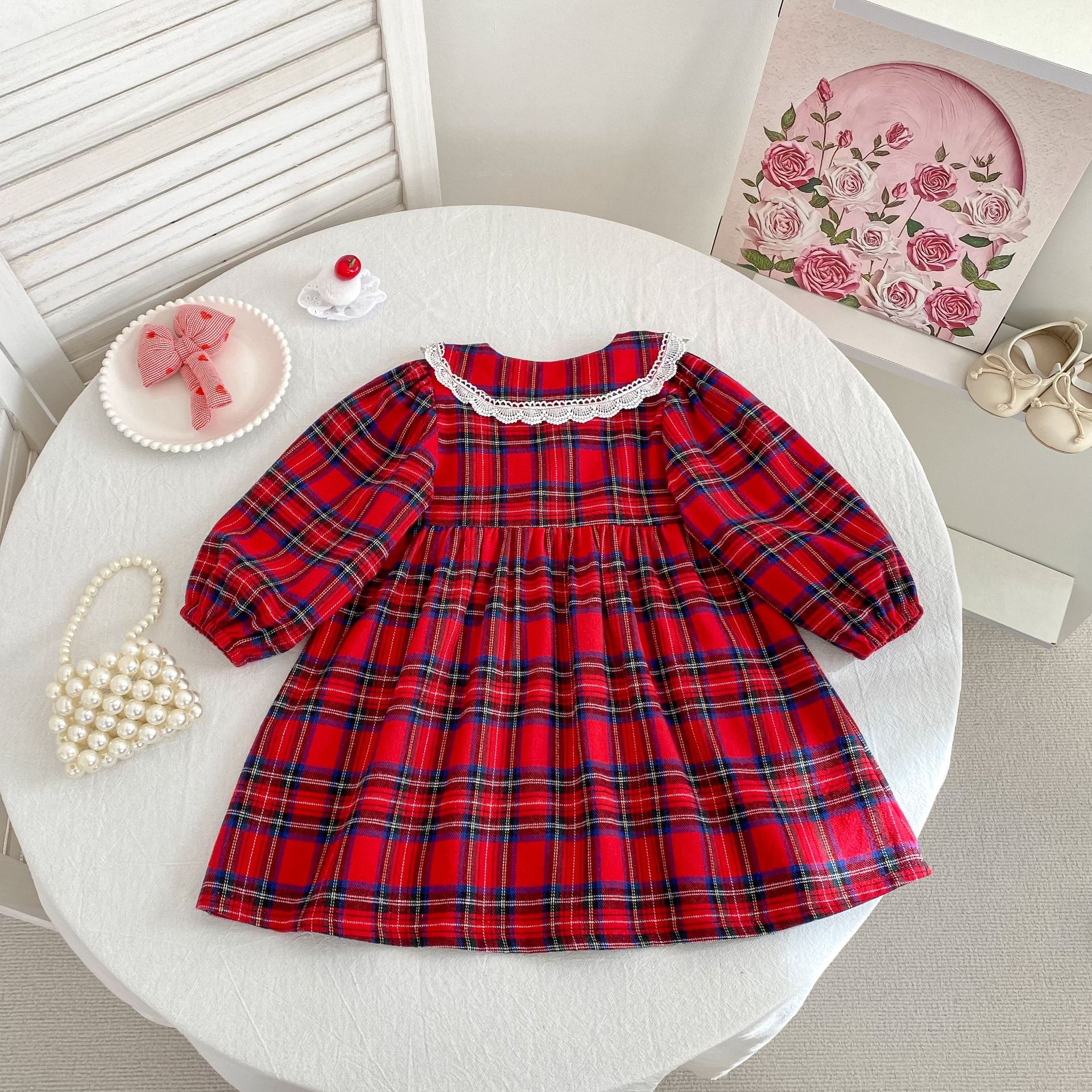 Kids Christmas Lace Collar Checkered Dress