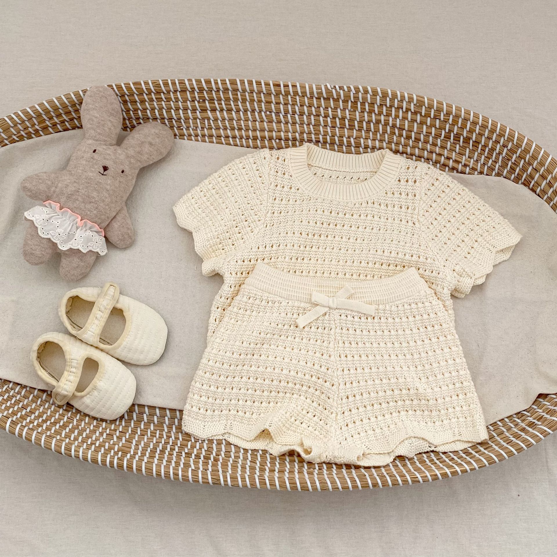 Knitted Bow Tie Short-sleeved Short Pants Set