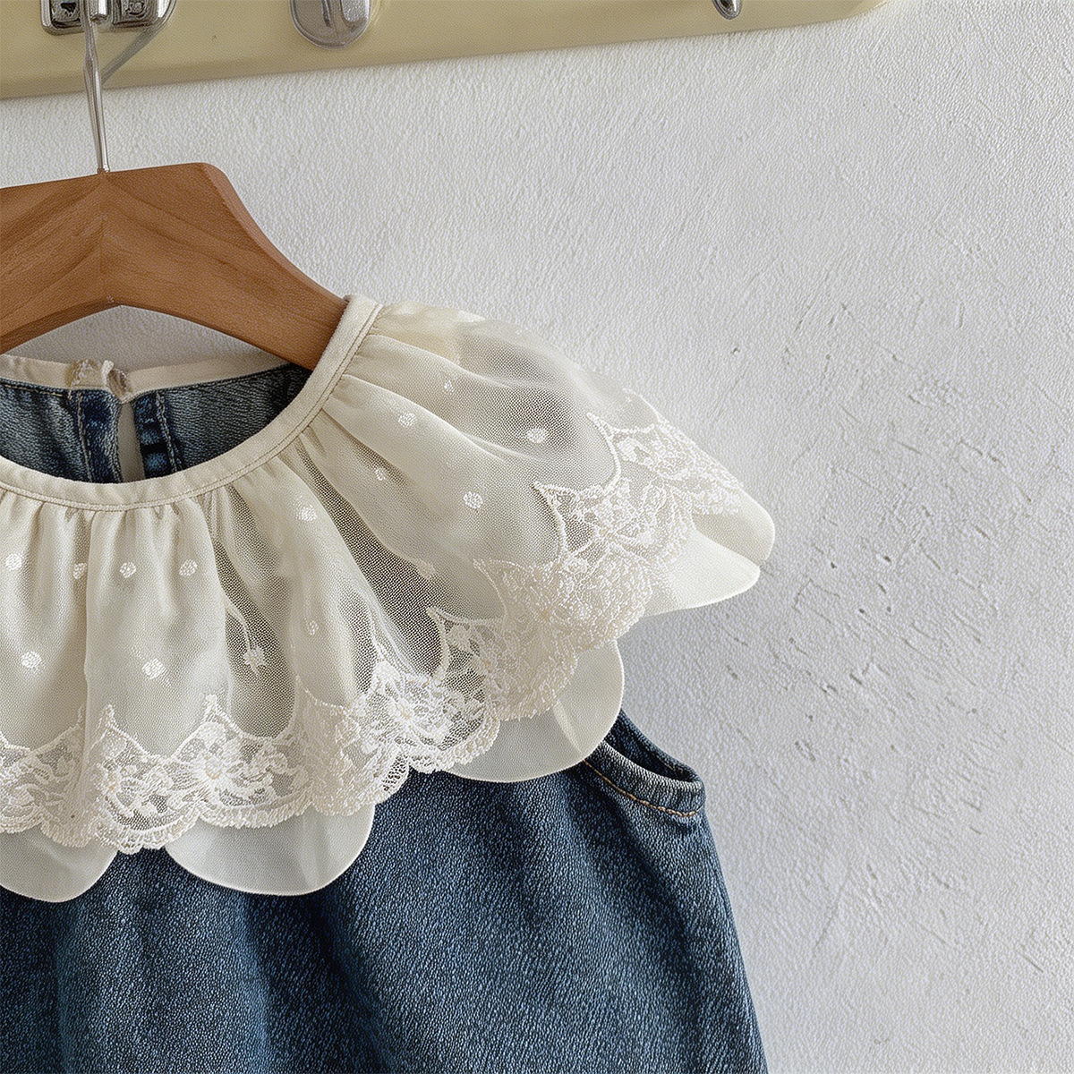 Lace-trimmed Ruffled Collar Sleeveless Denim Romper