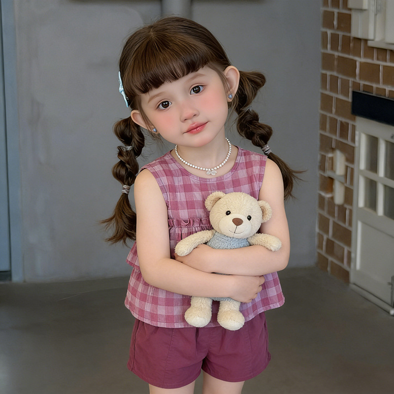 Kid Girls Plaid Sleeveless Vest and Shorts 2-piece Set